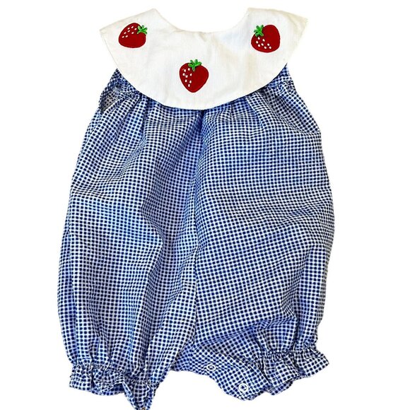 My Pal Girls Baby Romper 3-6 Months Blue Gingham Strawberry Embroidery - Picture 5 of 5